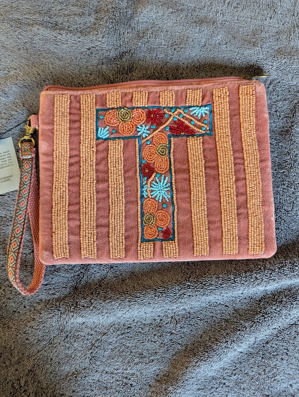 America & Beyond Beaded Velvet "T" Monogram Wristlet Clutch NWT